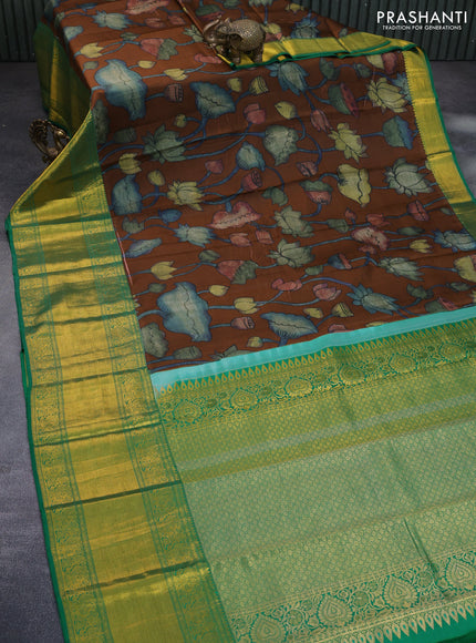 Pure kanchipuram silk saree brown and green with allover digital prints and long zari woven border