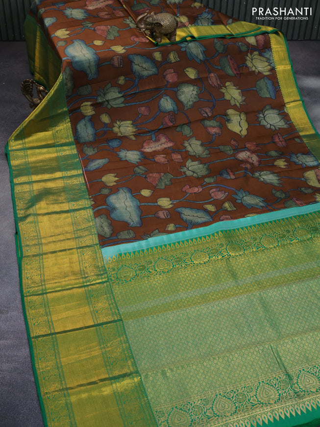 Pure kanchipuram silk saree brown and green with allover digital prints and long zari woven border