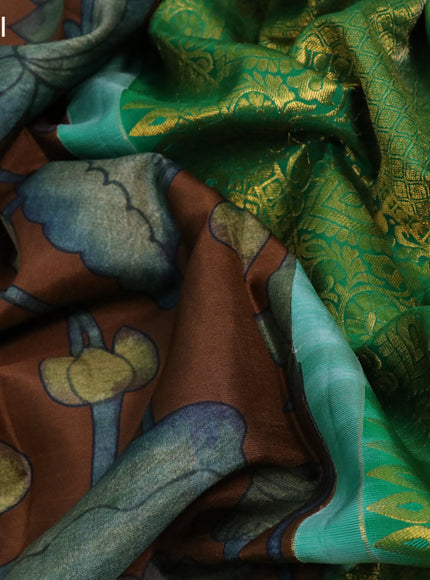 Pure kanchipuram silk saree brown and green with allover digital prints and long zari woven border