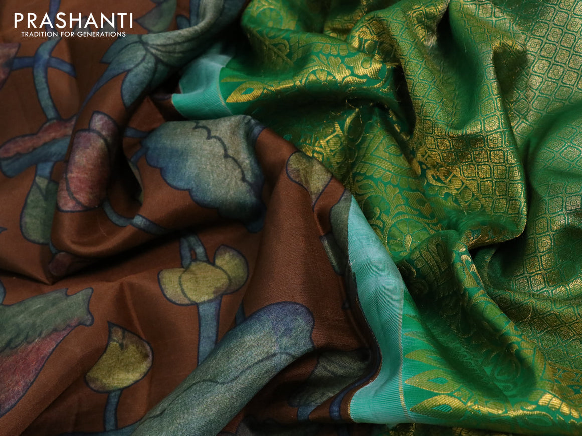 Pure kanchipuram silk saree brown and green with allover digital prints and long zari woven border