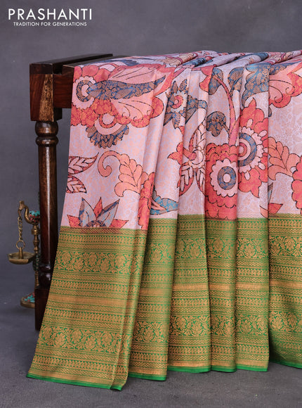 Pure kanchipuram silk saree grey shade and green with allover copper zari weaves & kalamkari digital prints and long zari woven border