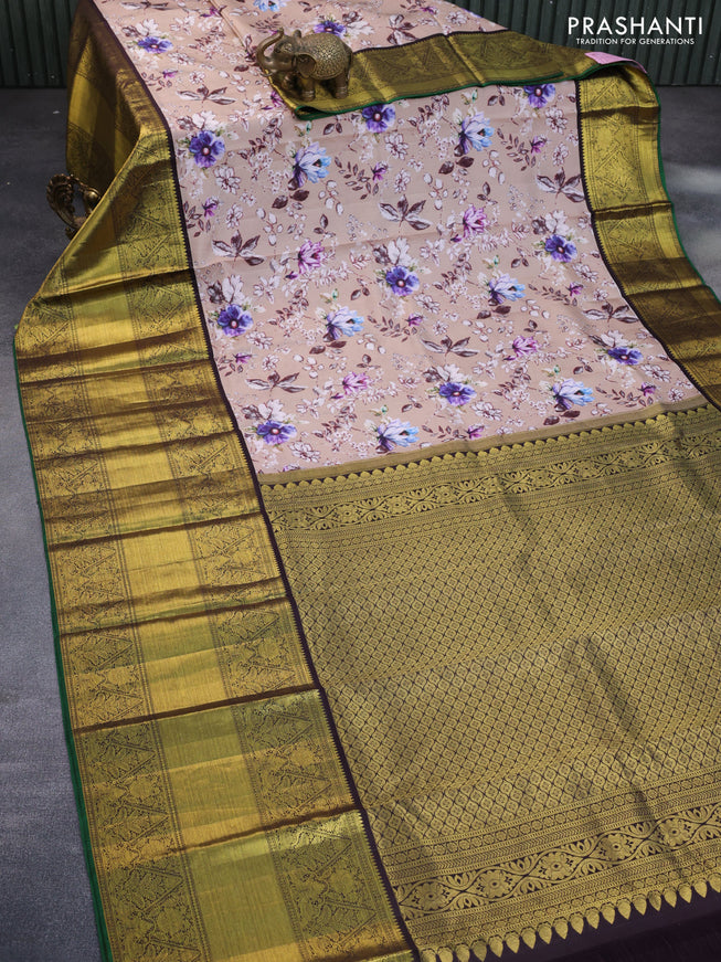 Pure kanchipuram silk saree sandal and deep coffee brown with allover floral digital prints and long zari woven border