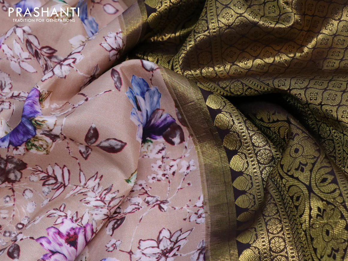 Pure kanchipuram silk saree sandal and deep coffee brown with allover floral digital prints and long zari woven border