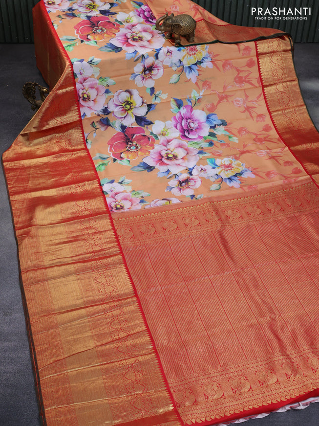 Pure kanchipuram silk saree sandal and red with allover floral digital prints and long zari woven border