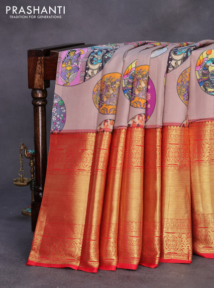 Pure kanchipuram silk saree brown shade and red with pichwai digital prints and long zari woven border