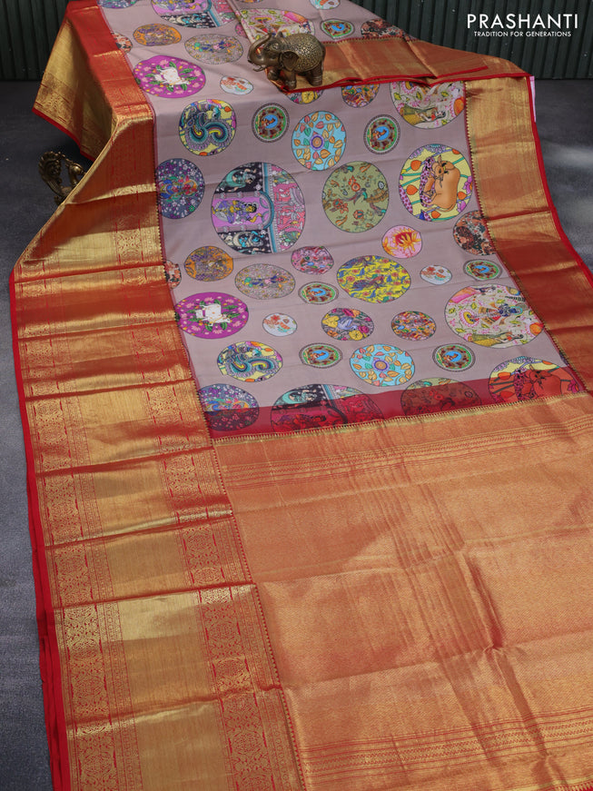 Pure kanchipuram silk saree brown shade and red with pichwai digital prints and long zari woven border