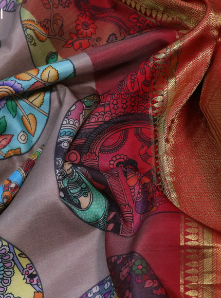 Pure kanchipuram silk saree brown shade and red with pichwai digital prints and long zari woven border