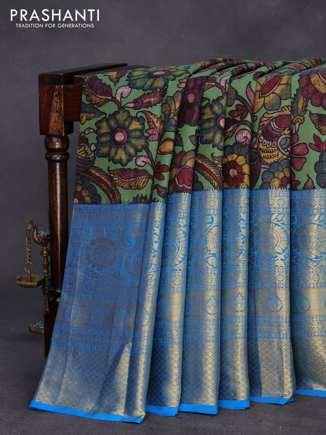 Pure kanchipuram silk saree green shade and cs blue with allover kalamkari digital prints and long zari woven border