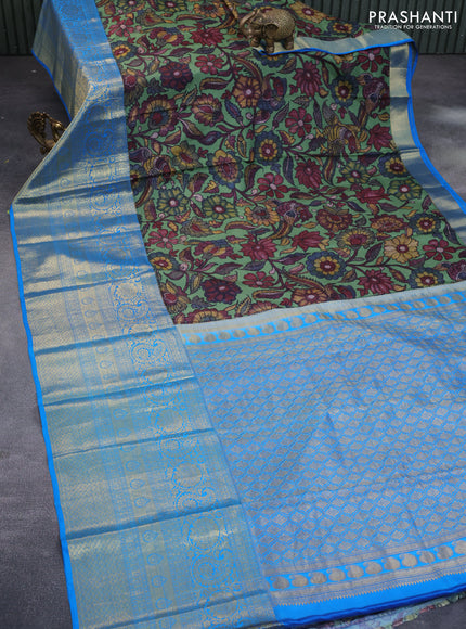 Pure kanchipuram silk saree green shade and cs blue with allover kalamkari digital prints and long zari woven border