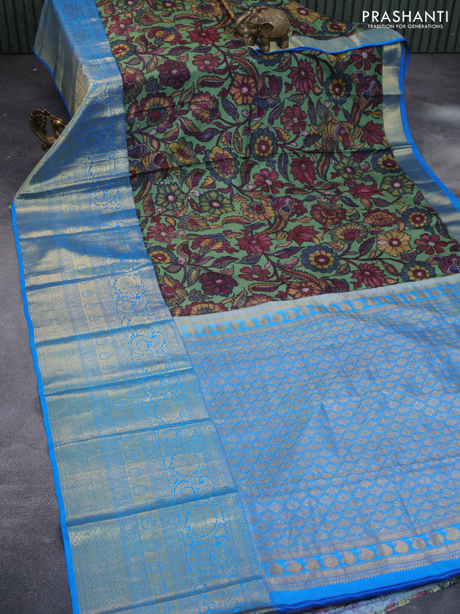 Pure kanchipuram silk saree green shade and cs blue with allover kalamkari digital prints and long zari woven border