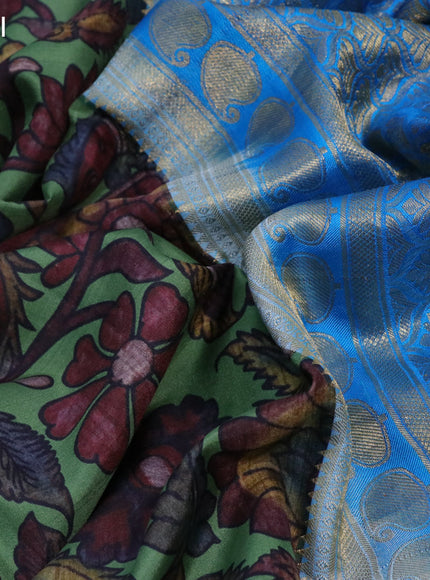 Pure kanchipuram silk saree green shade and cs blue with allover kalamkari digital prints and long zari woven border