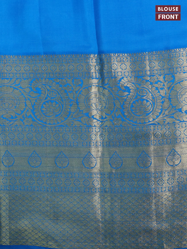 Pure kanchipuram silk saree green shade and cs blue with allover kalamkari digital prints and long zari woven border