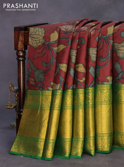 Pure kanchipuram silk saree maroon and green with allover kalamkari digital prints and long annam zari woven border