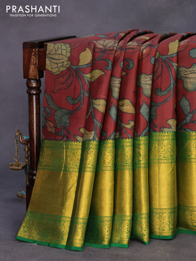 Pure kanchipuram silk saree maroon and green with allover kalamkari digital prints and long annam zari woven border