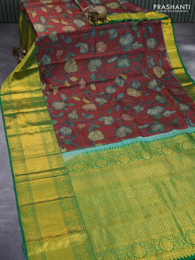 Pure kanchipuram silk saree maroon and green with allover kalamkari digital prints and long annam zari woven border