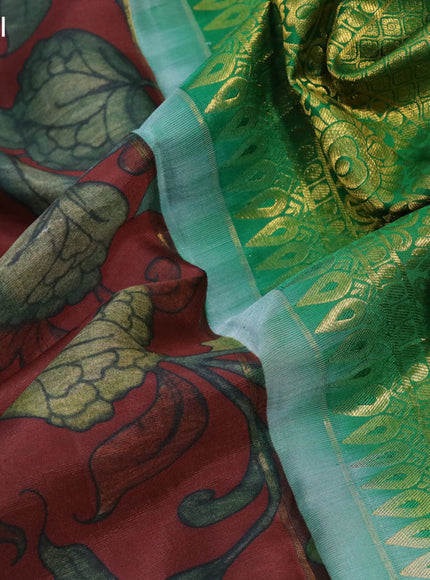 Pure kanchipuram silk saree maroon and green with allover kalamkari digital prints and long annam zari woven border