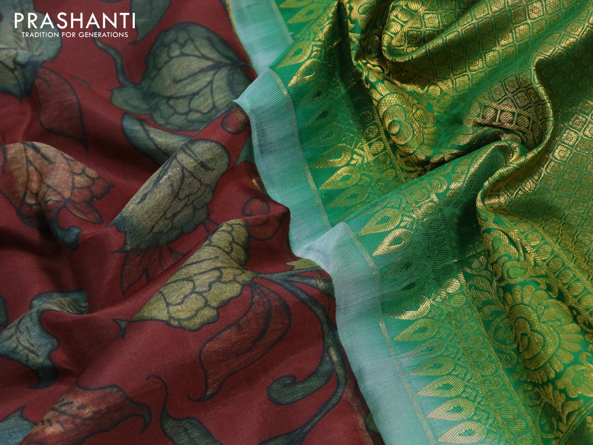 Pure kanchipuram silk saree maroon and green with allover kalamkari digital prints and long annam zari woven border