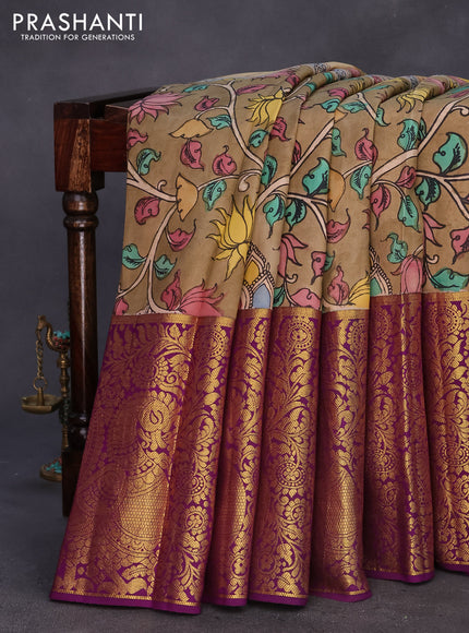 Pure kanchipuram silk saree beige and deep purple with allover kalamkari digital prints and long annam zari woven border