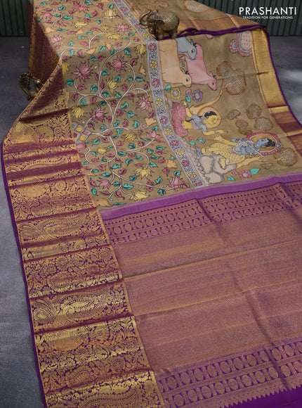 Pure kanchipuram silk saree beige and deep purple with allover kalamkari digital prints and long annam zari woven border