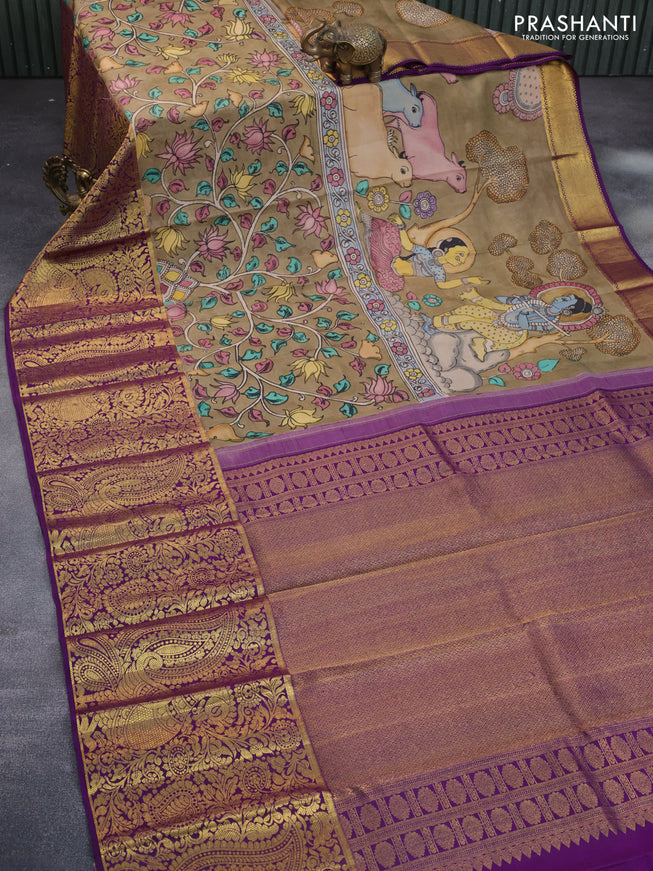 Pure kanchipuram silk saree beige and deep purple with allover kalamkari digital prints and long annam zari woven border