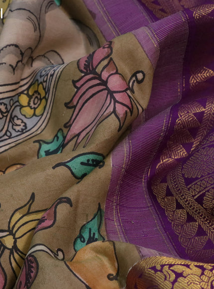 Pure kanchipuram silk saree beige and deep purple with allover kalamkari digital prints and long annam zari woven border