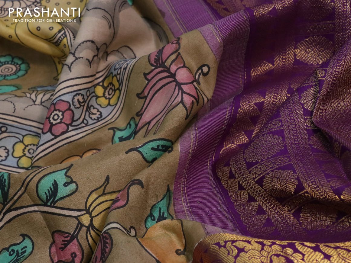 Pure kanchipuram silk saree beige and deep purple with allover kalamkari digital prints and long annam zari woven border