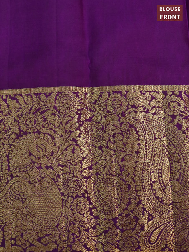 Pure kanchipuram silk saree beige and deep purple with allover kalamkari digital prints and long annam zari woven border