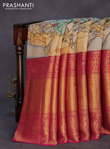 Pure kanchipuram silk saree grey shade and dark pink with allover kalamkari digital prints and long annam zari woven border