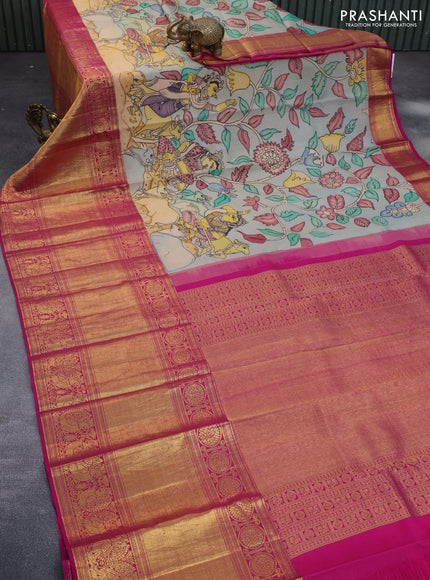 Pure kanchipuram silk saree grey shade and dark pink with allover kalamkari digital prints and long annam zari woven border