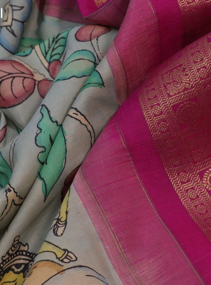 Pure kanchipuram silk saree grey shade and dark pink with allover kalamkari digital prints and long annam zari woven border