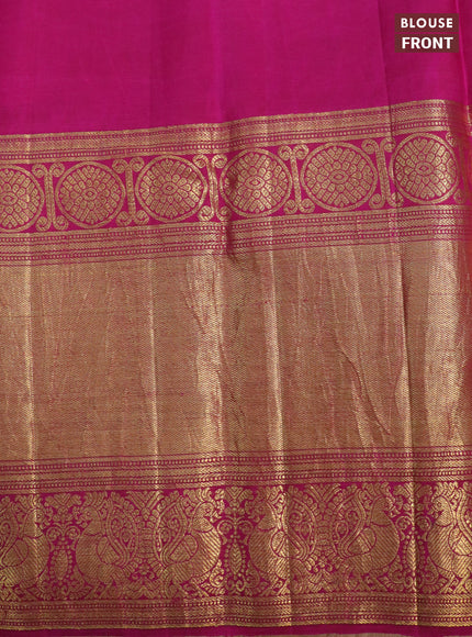 Pure kanchipuram silk saree grey shade and dark pink with allover kalamkari digital prints and long annam zari woven border