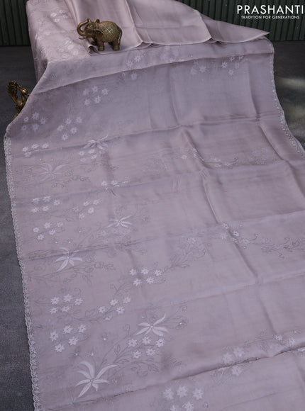 Pure organza silk saree grey with floral design embroidery work weaves and embroidery work simple border