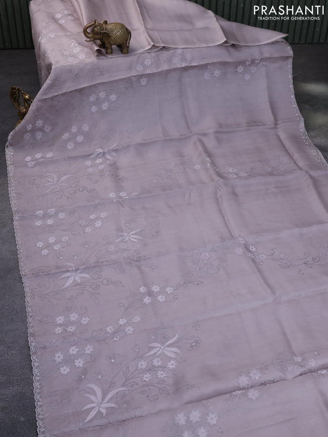 Pure organza silk saree grey with floral design embroidery work weaves and embroidery work simple border