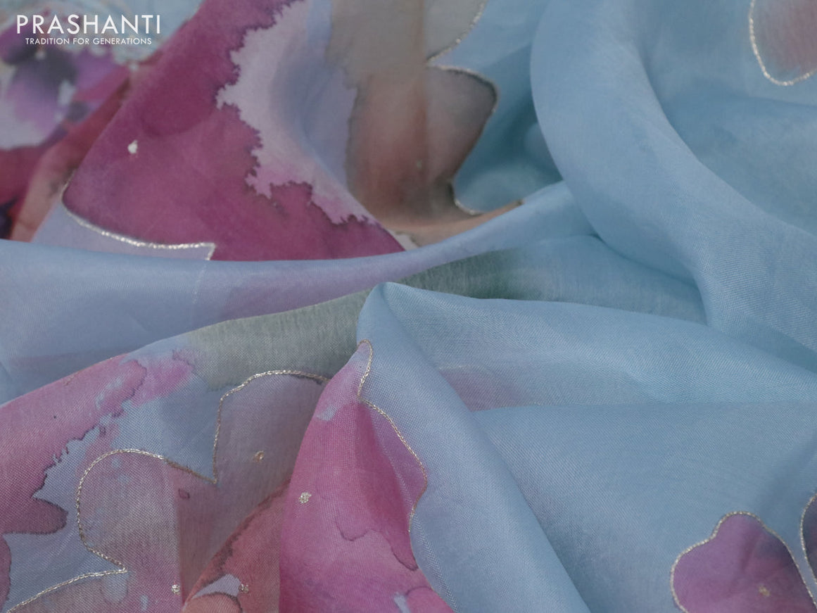 Pure organza silk saree pastel blue and grey with allover floral digital & embroidery work and embroidery work border