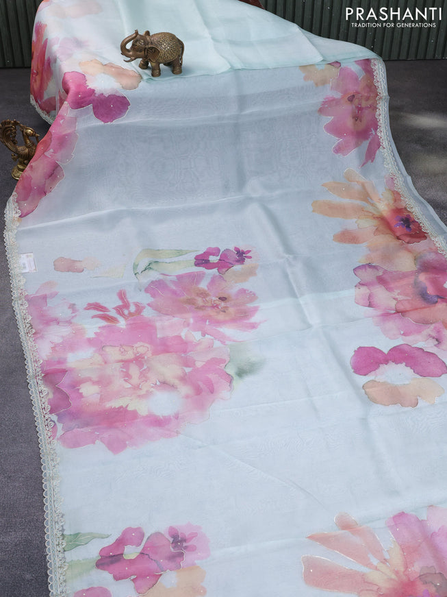 Pure organza silk saree pastel blue with allover floral digital & embroidery work and embroidery work border