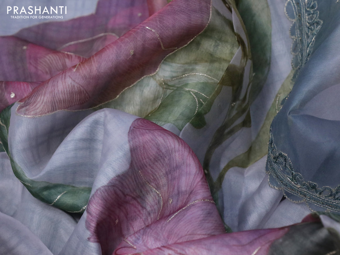 Pure organza silk saree pastel grey and pastel blue with allover floral digital & embroidery work and embroidery work border