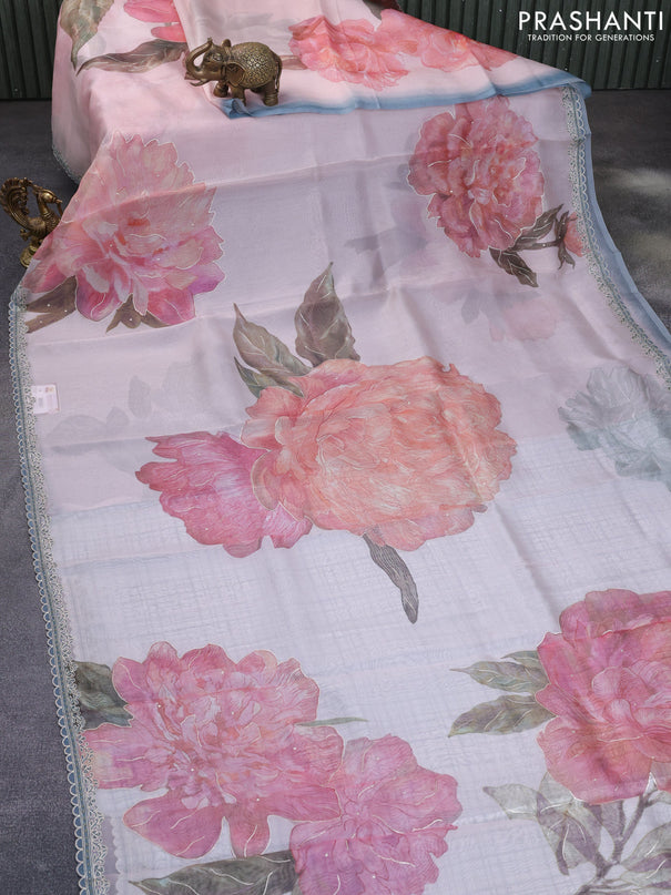 Pure organza silk saree baby pink and bluish grey with allover floral digital & embroidery work and embroidery work border