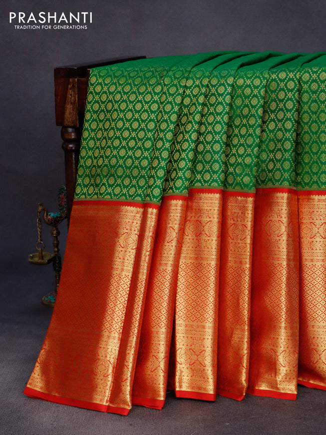 Pure kanchipuram silk saree green and red with allover zari woven brocade weaves and long zari woven border