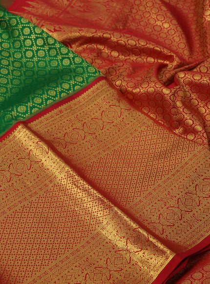 Pure kanchipuram silk saree green and red with allover zari woven brocade weaves and long zari woven border