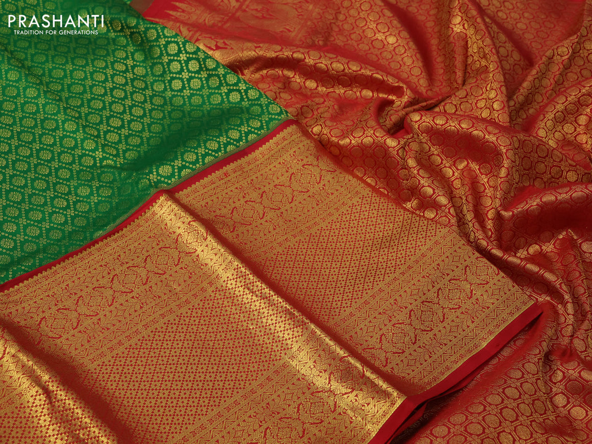 Pure kanchipuram silk saree green and red with allover zari woven brocade weaves and long zari woven border