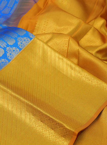 Pure kanchipuram silk saree cs blue and mustard yellow with allover zari woven brocade weaves and long zari woven border