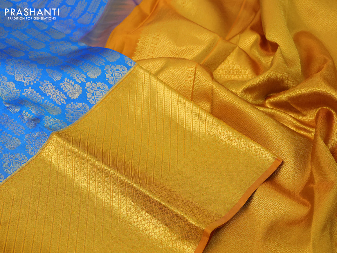 Pure kanchipuram silk saree cs blue and mustard yellow with allover zari woven brocade weaves and long zari woven border