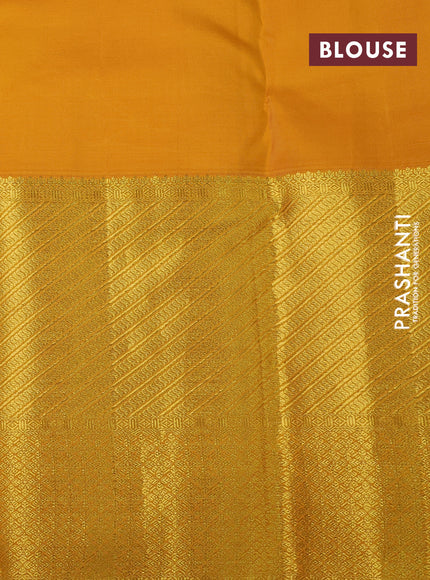 Pure kanchipuram silk saree cs blue and mustard yellow with allover zari woven brocade weaves and long zari woven border