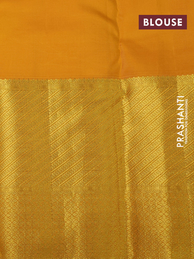 Pure kanchipuram silk saree cs blue and mustard yellow with allover zari woven brocade weaves and long zari woven border