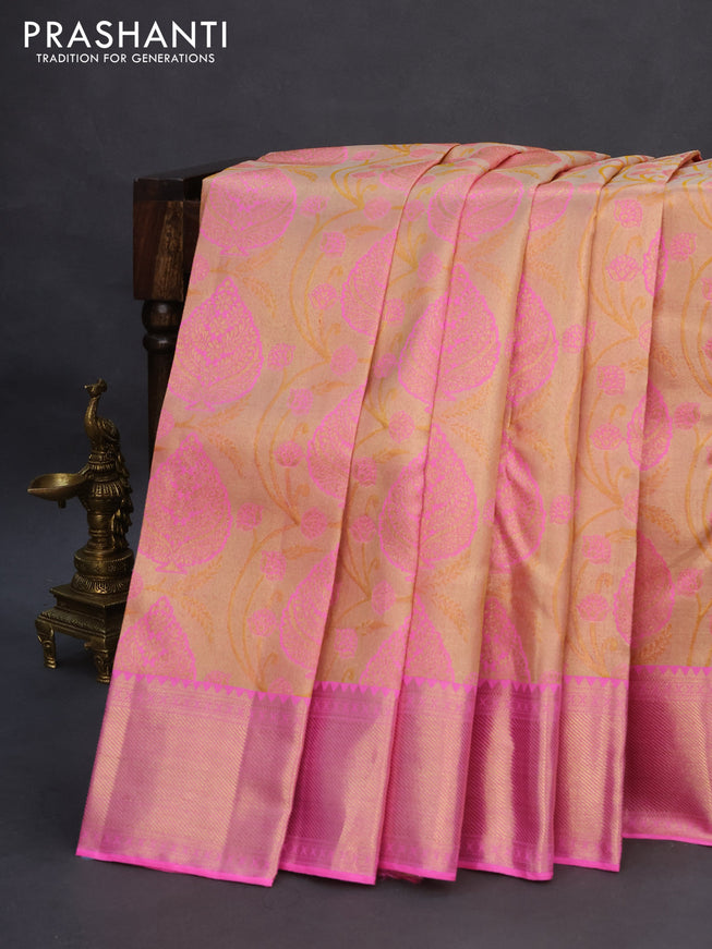 Pure kanchipuram tissue silk saree dual shade of gold and candy pink with allover zari woven brocade weaves and zari woven border