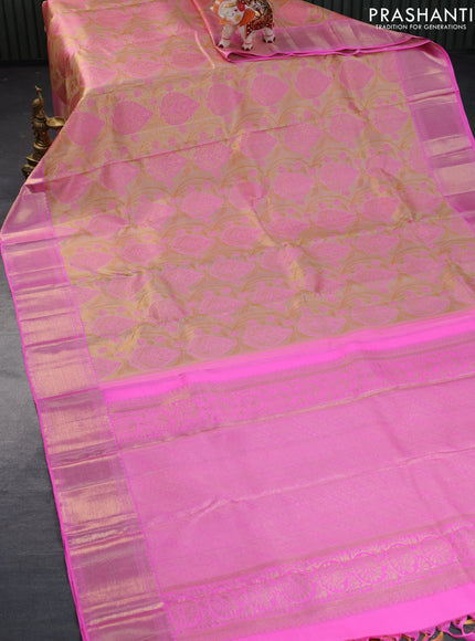 Pure kanchipuram tissue silk saree dual shade of gold and candy pink with allover zari woven brocade weaves and zari woven border