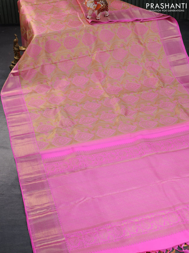 Pure kanchipuram tissue silk saree dual shade of gold and candy pink with allover zari woven brocade weaves and zari woven border