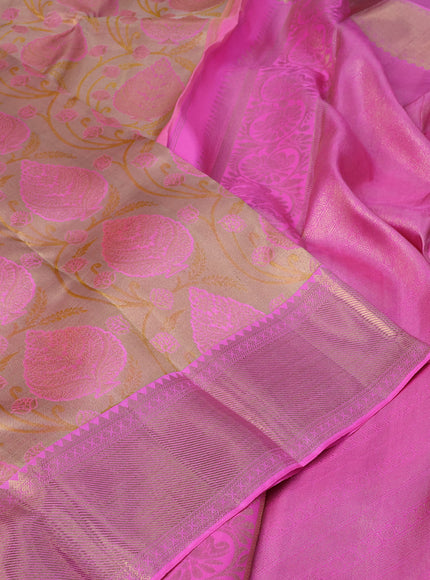 Pure kanchipuram tissue silk saree dual shade of gold and candy pink with allover zari woven brocade weaves and zari woven border