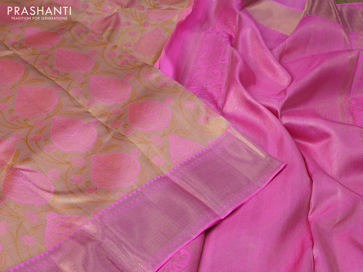 Pure kanchipuram tissue silk saree dual shade of gold and candy pink with allover zari woven brocade weaves and zari woven border