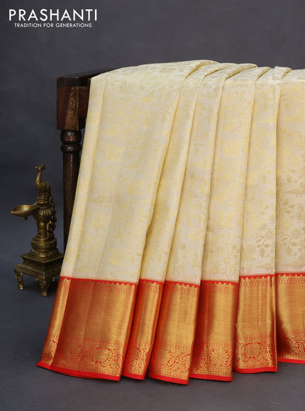 Pure kanchipuram silk saree cream and red with allover zari woven brocade weaves and zari woven border